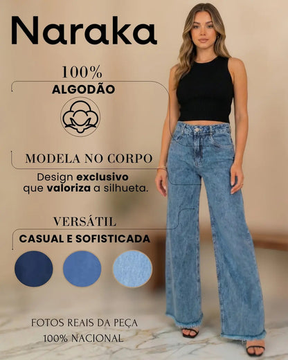Calça Wide Leg Jeans Feminina Cintura Alta Levanta Bumbum