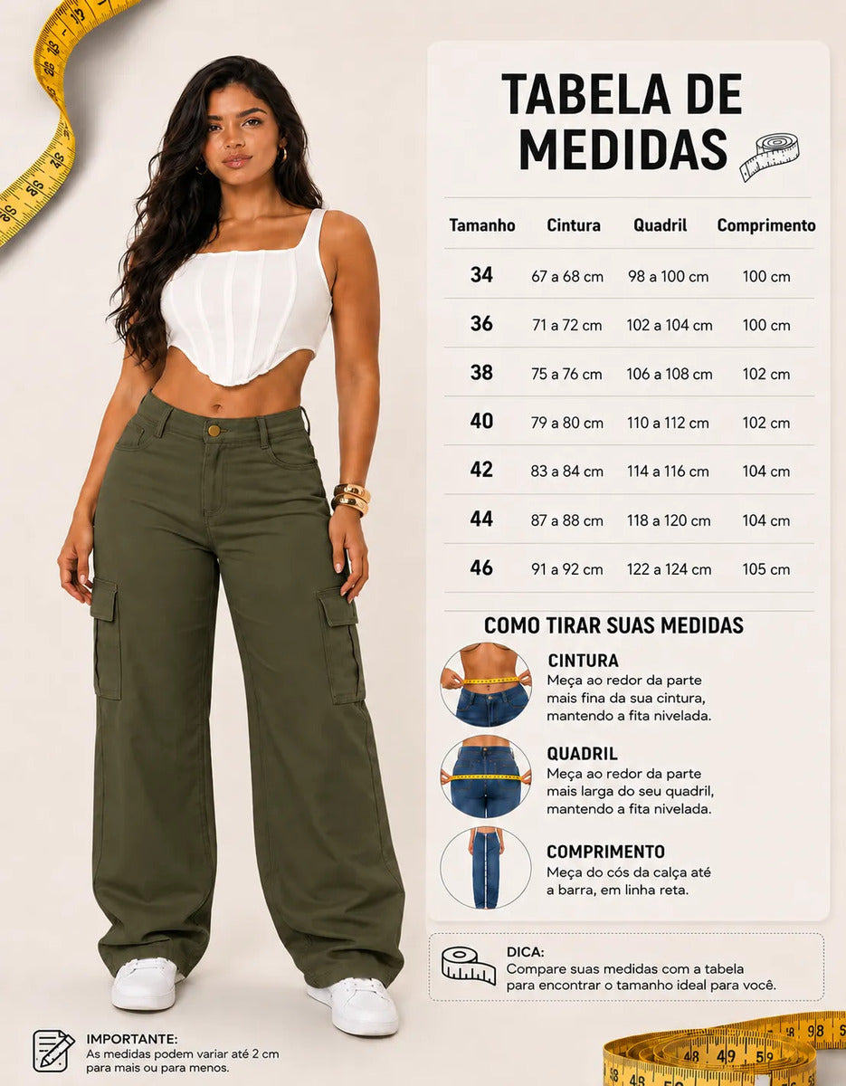 Calça Cargo Feminina Wide Leg Cintura Alta Jeans  Stillger