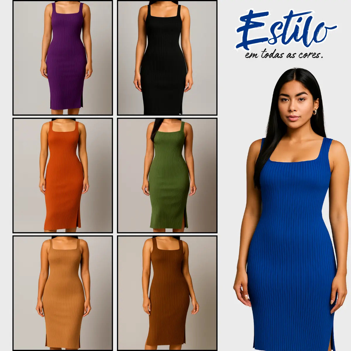 Vestido Midi Canelado Premium Com Alça E Fendas Casual Básico