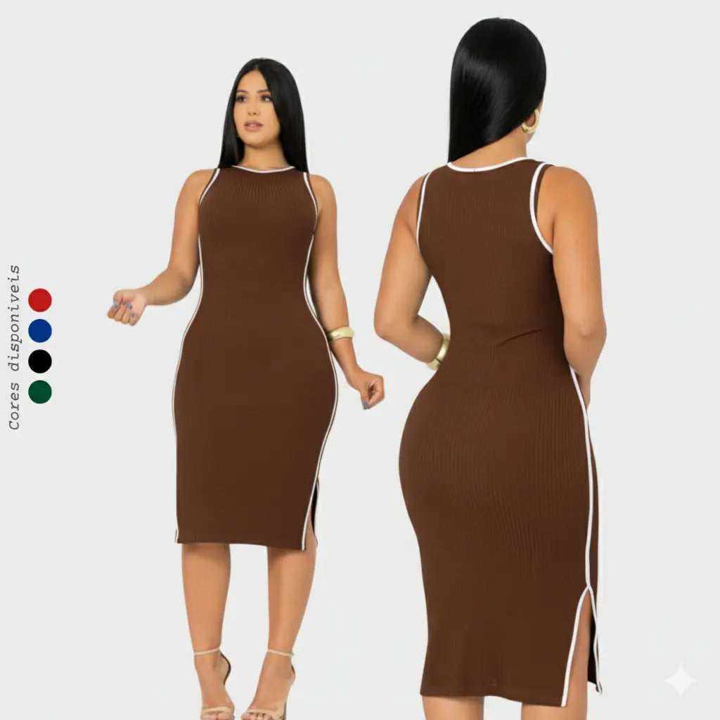 Vestido Midi Canelado Premium Regata Casual Básico Modelador