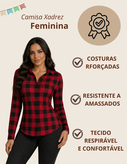 Camisa Xadrez Longa Blusa Manga Festa Junina Social De Botão