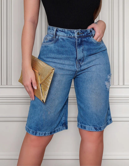 Bermuda Jeans Feminina Comprida Jorts Cintura Alta Casual