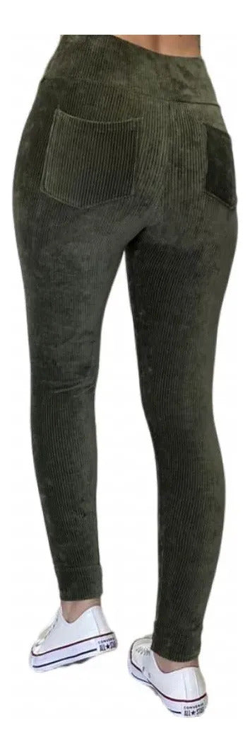 Calça Legging Veludo Cotelê Com Bolso Cós Alto Inverno