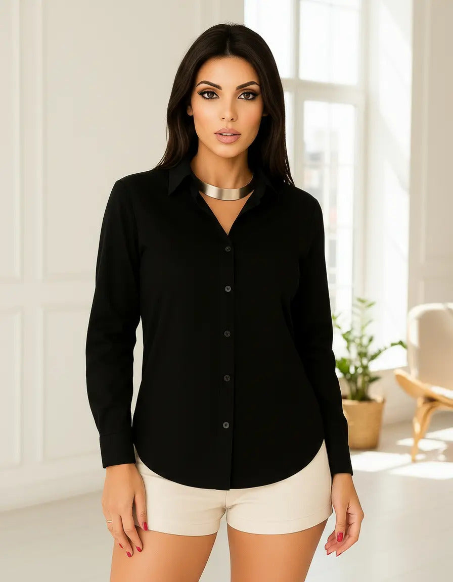 Camisa Blusa Social Feminina Manga Longa De Botão Na Promo