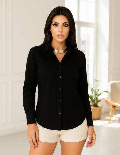 Camisa Blusa Social Feminina Manga Longa De Botão Na Promo