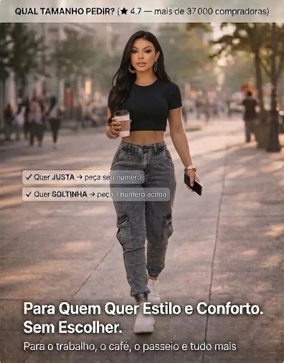 Calça Cargo Jogger Jeans Feminina Cintura Alta Com Lycra