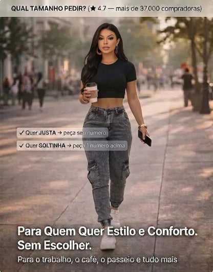 Calça Cargo Jogger Jeans Feminina Cintura Alta Com Lycra