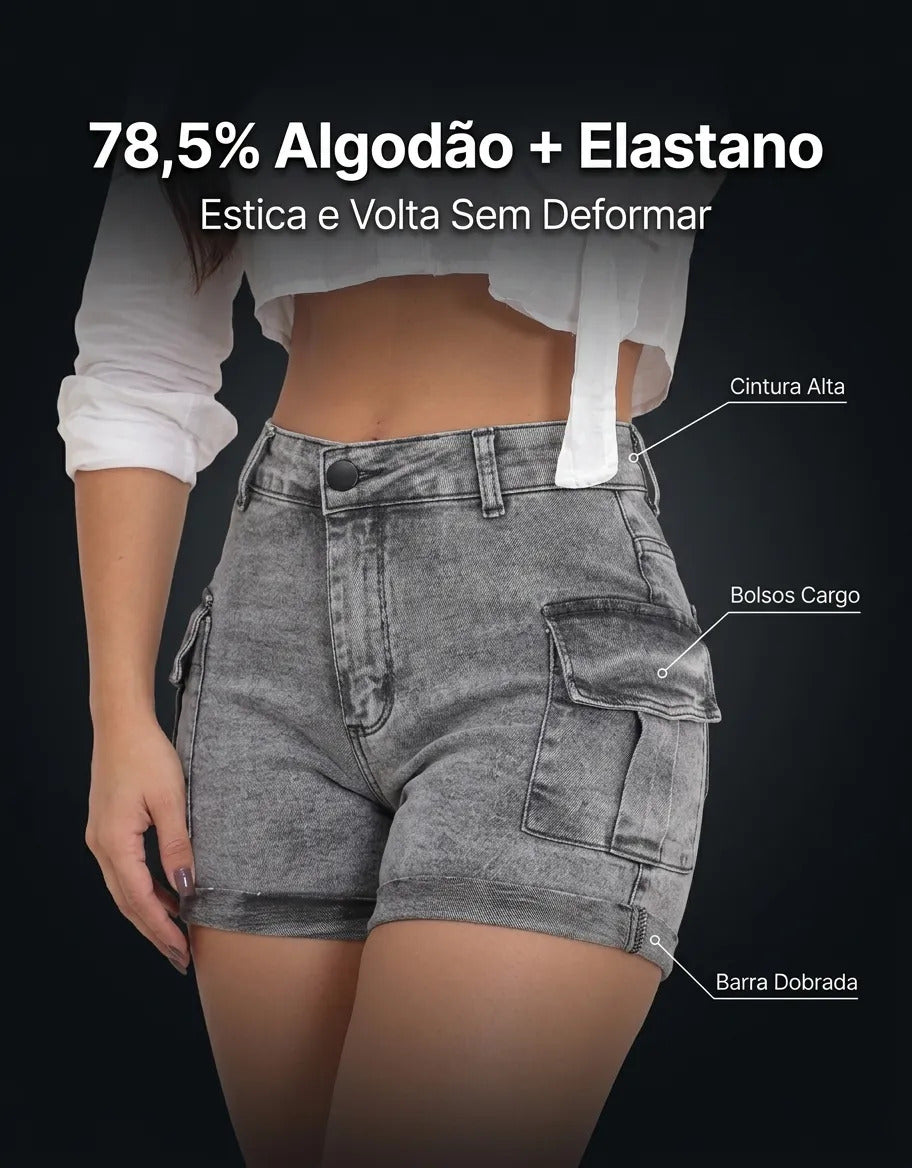 Short Jeans Feminino Shorts Cargo Com Lycra Cintura Alta
