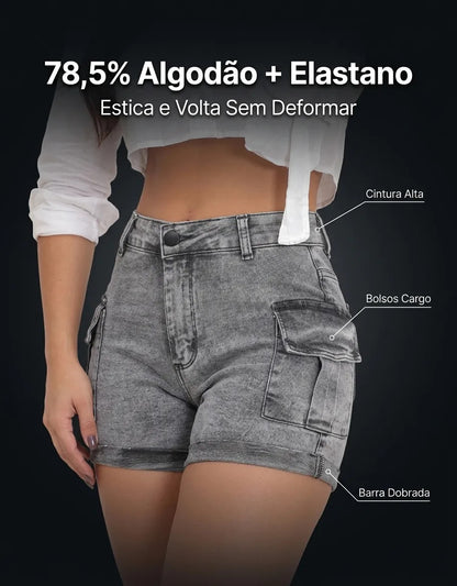 Short Jeans Feminino Shorts Cargo Com Lycra Cintura Alta