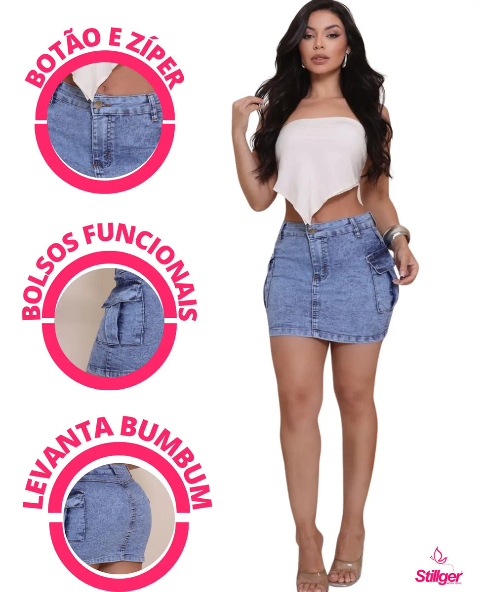Saia Cargo Feminina Cintura Alta Com Lycra Levanta Bumbum