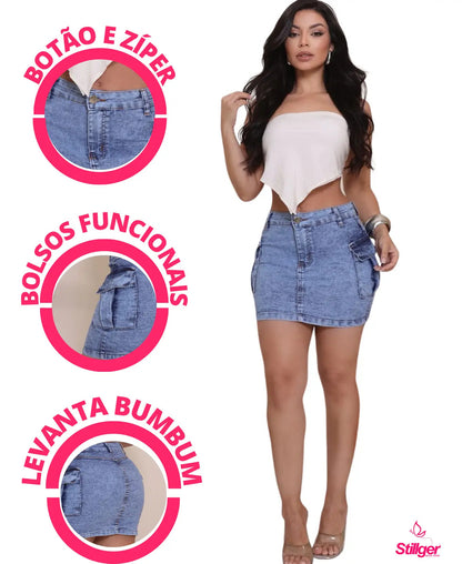 Saia Cargo Feminina Cintura Alta Com Lycra Levanta Bumbum