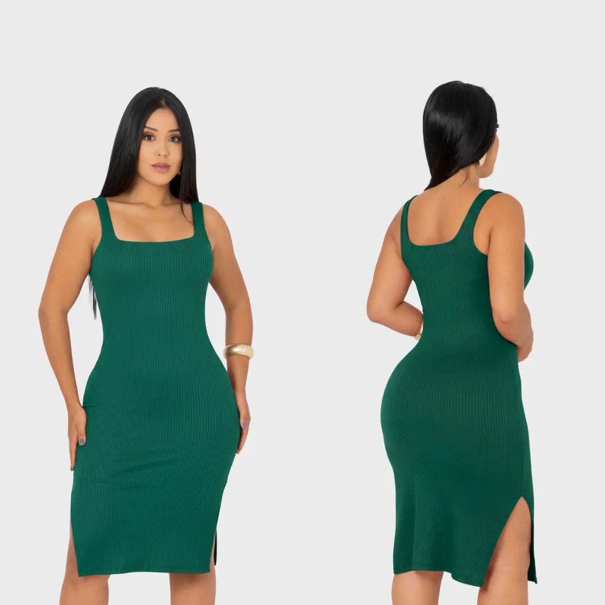 Vestido Midi Canelado Premium Com Alça E Fendas Casual Básico