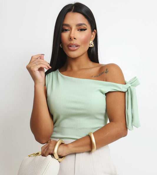 Cropped Feminino Blusa Moderno Manga Laço Amarração