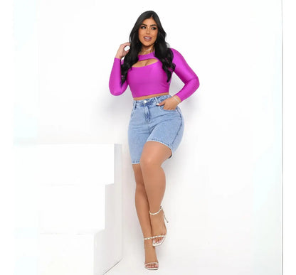 Bermuda Jeans Cintura Alta Feminina Com Estonado Na Lavagem