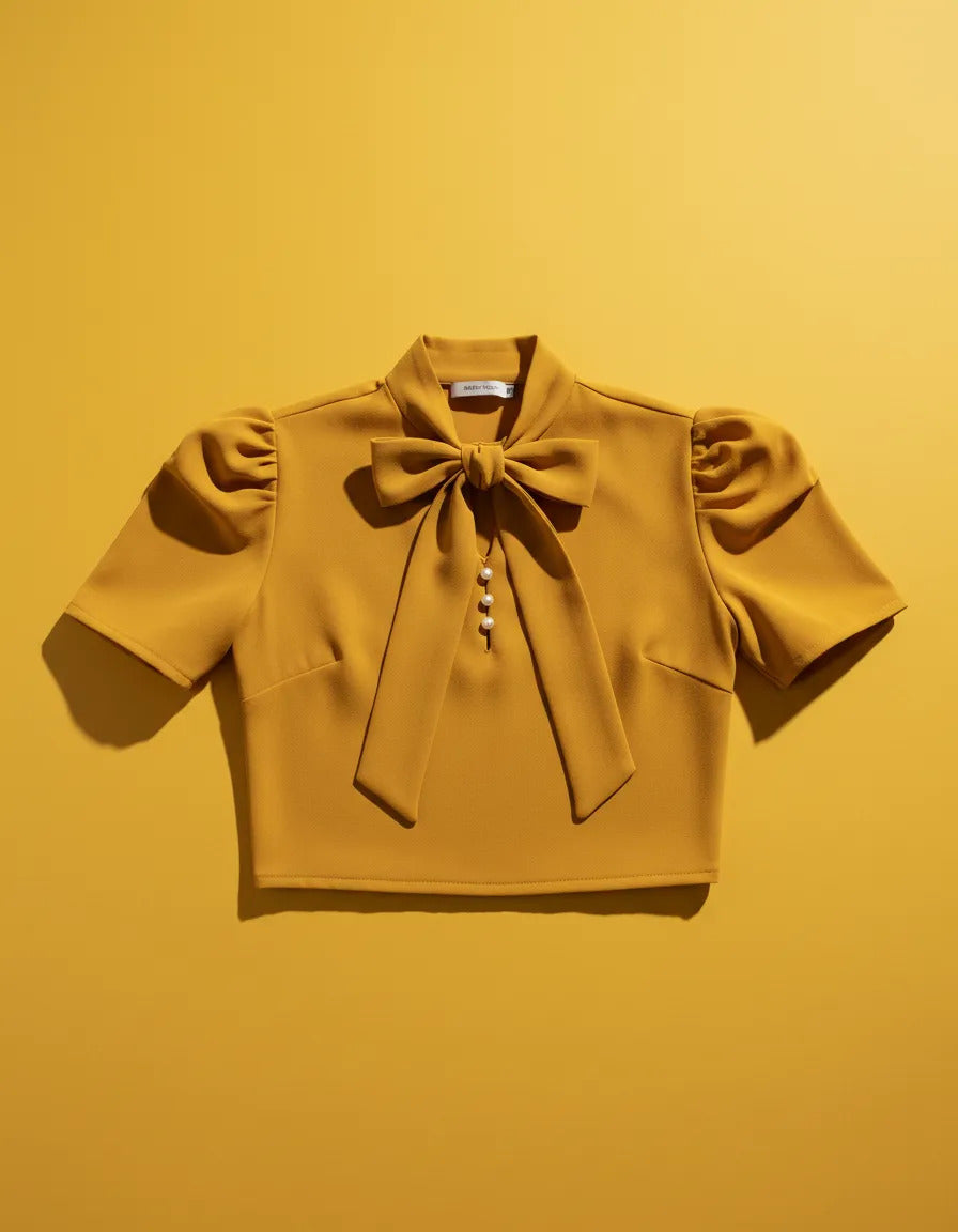 Blusa Camisa Social Romântica Laço E Botões De Pérola Manga