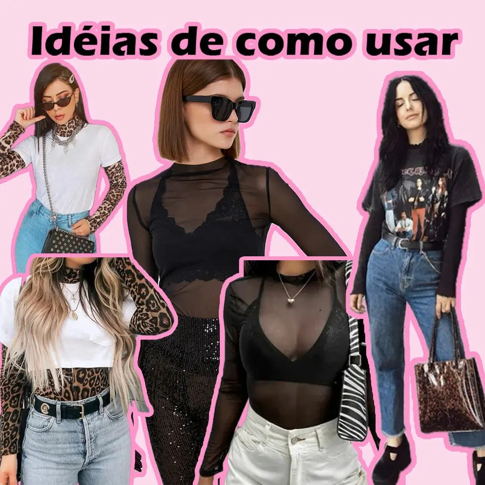 Blusa Tule Transparente Feminina Segunda Pele Manga Longa