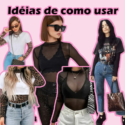 Blusa Tule Transparente Feminina Segunda Pele Manga Longa