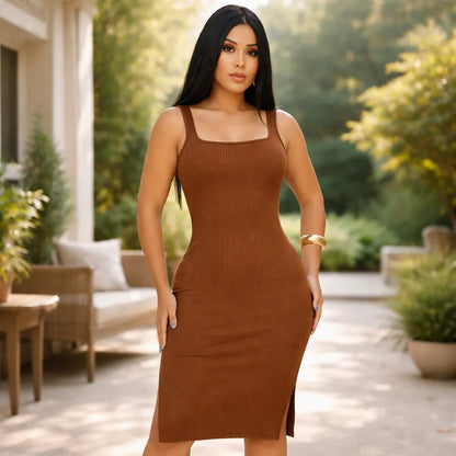 Vestido Midi Canelado Premium Com Alça E Fendas Casual Básico