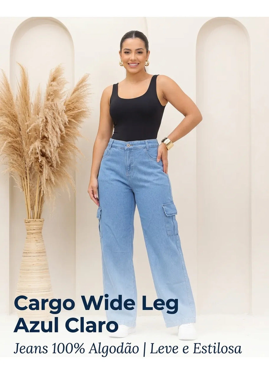 Calça Cargo Feminina Wide Leg Cintura Alta Jeans  Stillger