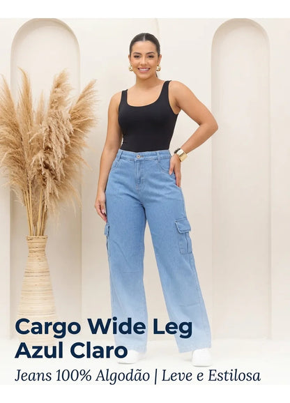 Calça Cargo Feminina Wide Leg Cintura Alta Jeans  Stillger