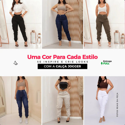 Calça Cargo Jogger Jeans Feminina Cintura Alta Com Lycra