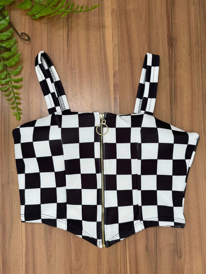 Cropped Zipper Corset Xadrez Balada Country Luxo Premium