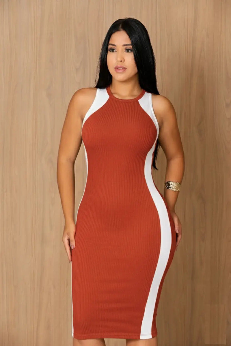 Vestido Canelado Midi Faixas Regata Casual Básico Modelador