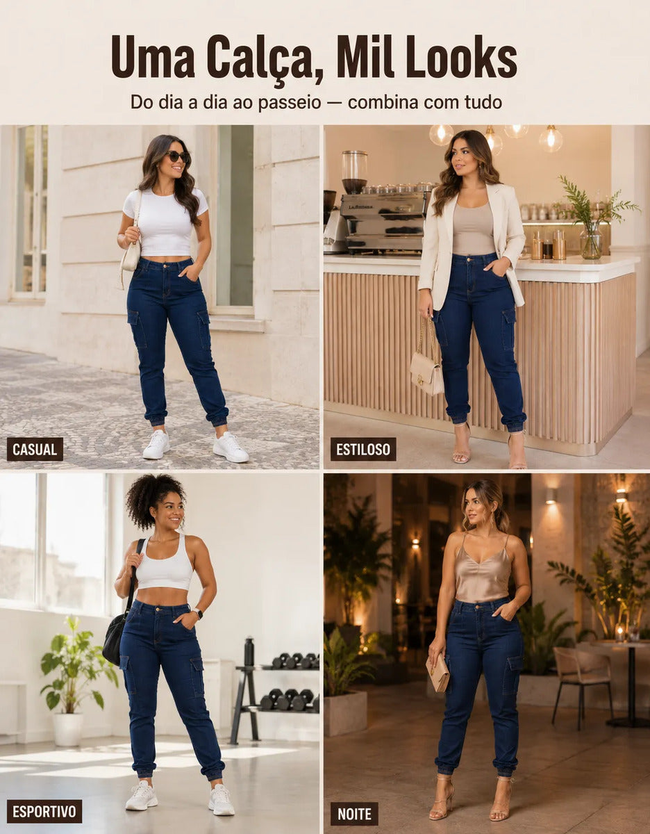 Calça Cargo Jogger Jeans Feminina Cintura Alta Com Lycra