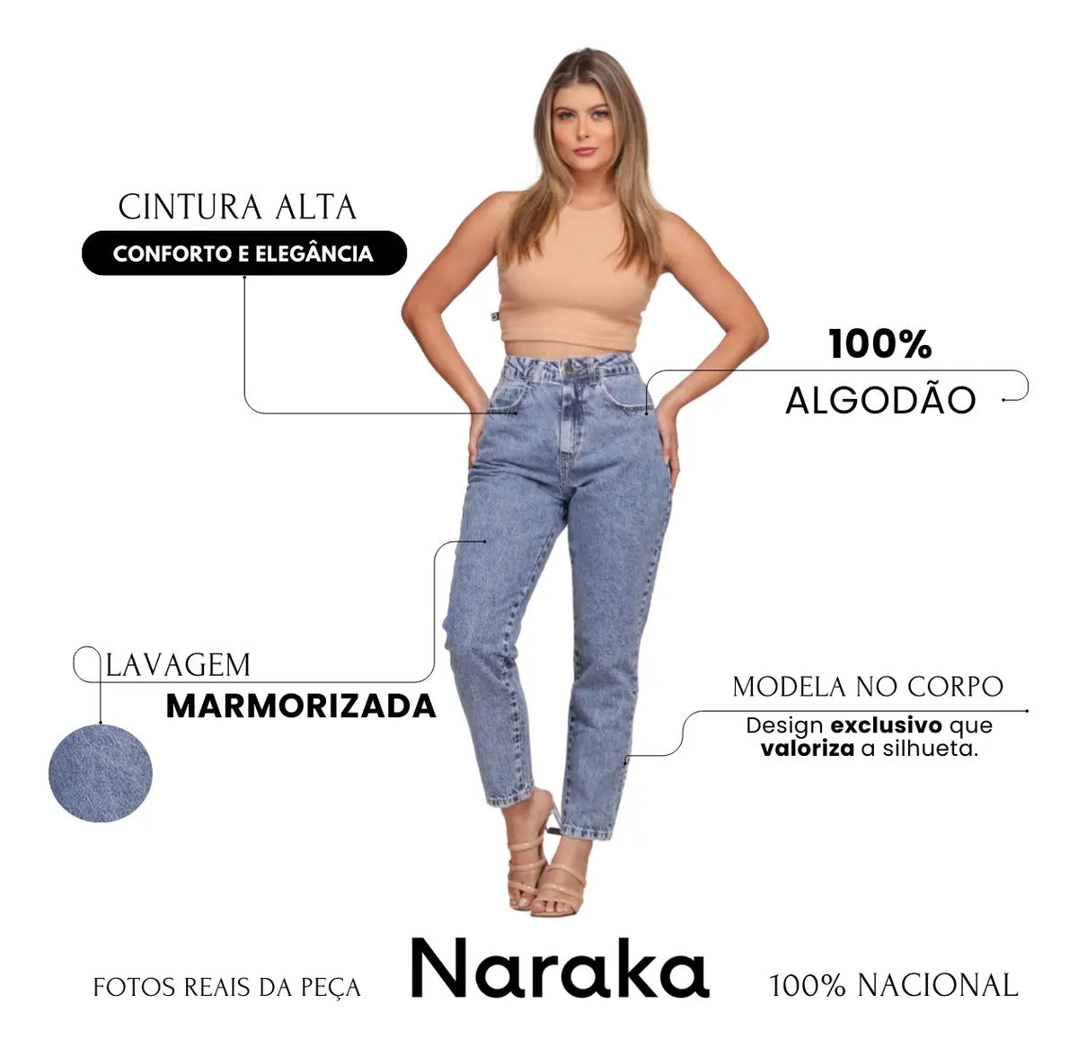 Calça Mom Jeans Feminina Cintura Alta Marmorizada