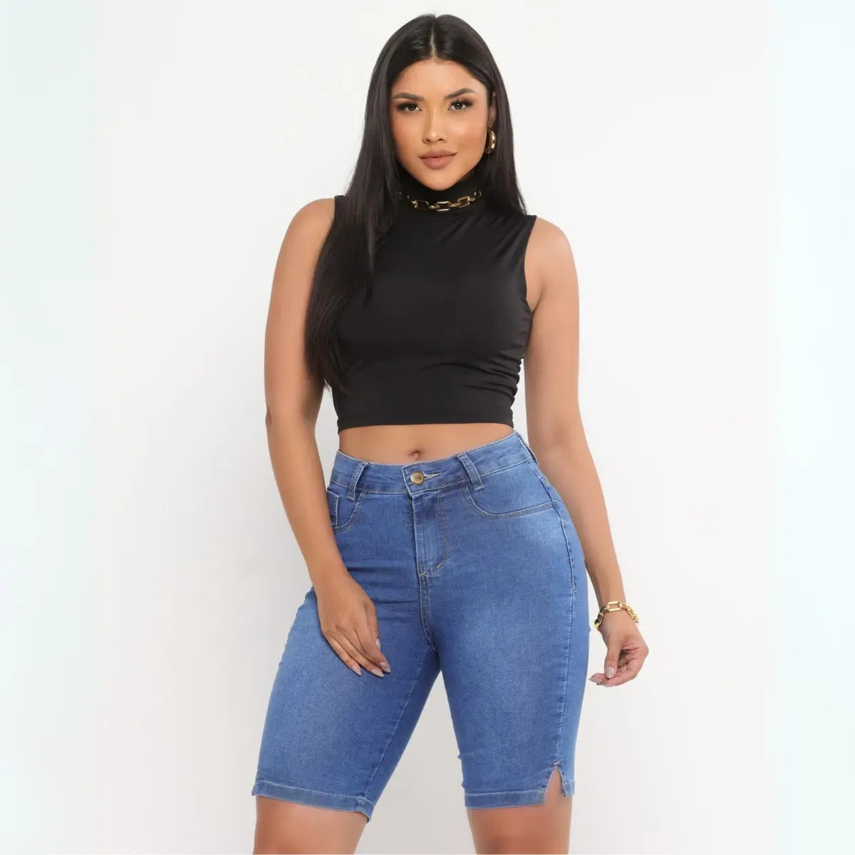 Bermuda Ciclista Jeans Feminina Com Lycra Cós Alto