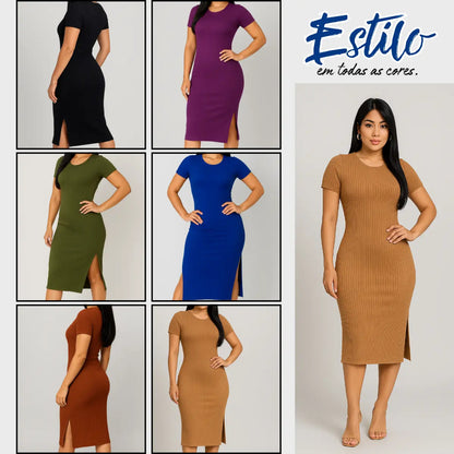 Vestido Canelado Midi Com Manga e Fenda Lateral Casual Básico