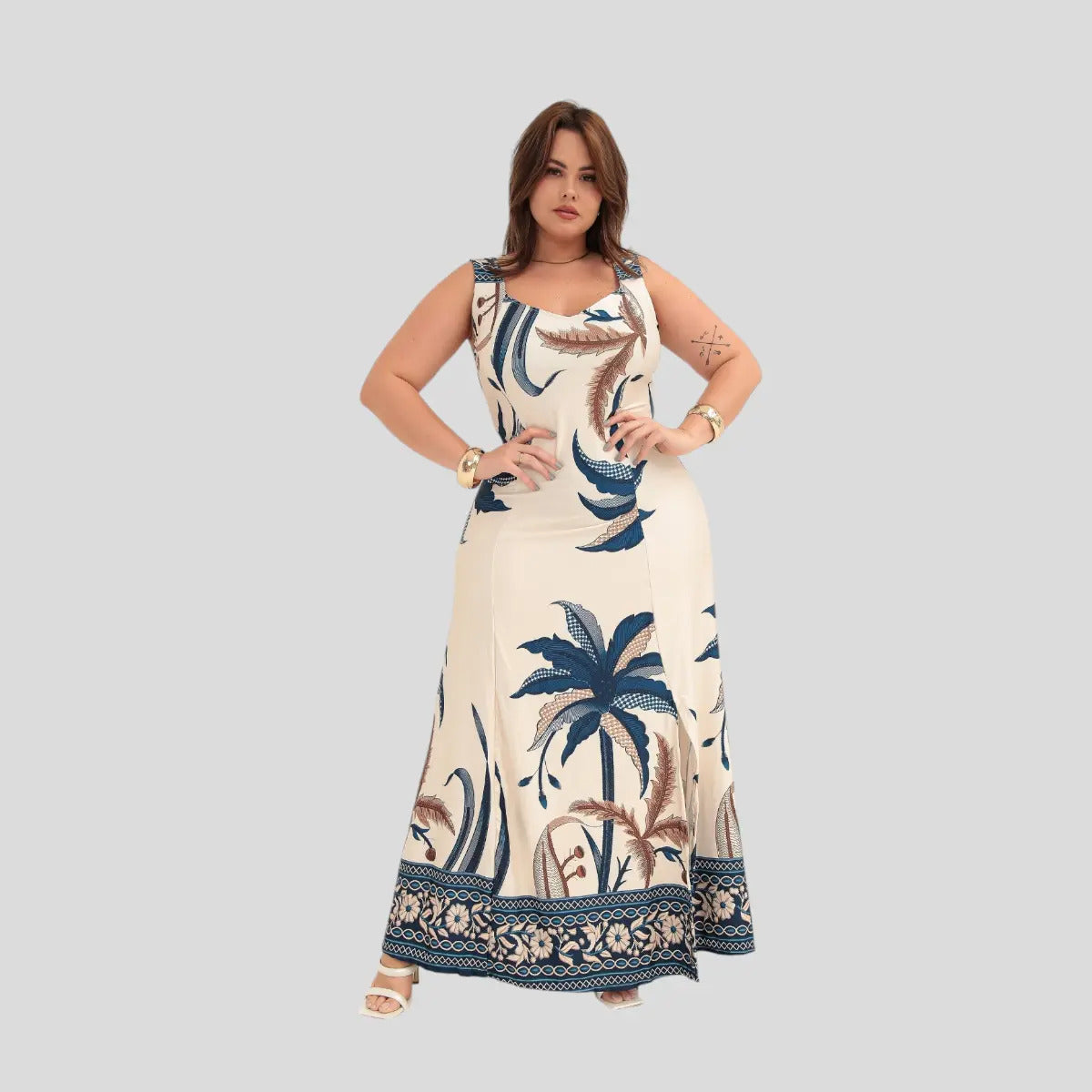 Vestido Longo Alça Plus Size Florido Estampado Soltinho