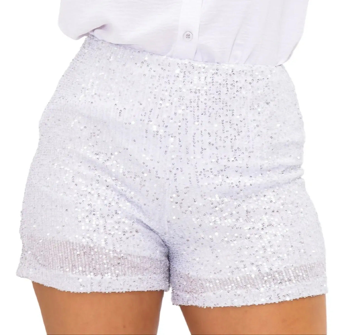 Short Bermuda Feminino Cintura Alta Paetê Balada Moda Brilho