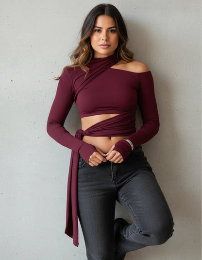 Blusa Cropped Feminina Manga Longa Ombrinho  Luvinha Amarrar