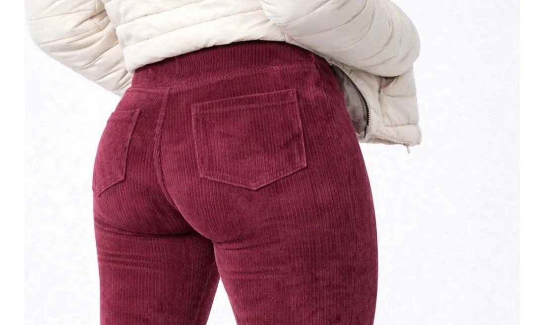 Calça Legging Veludo Cotelê Com Bolso Cós Alto Inverno