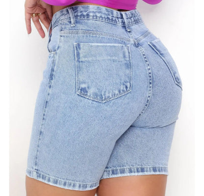 Bermuda Jeans Cintura Alta Feminina Com Estonado Na Lavagem