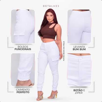 Calça Cargo Jogger Jeans Feminina Cintura Alta Com Lycra