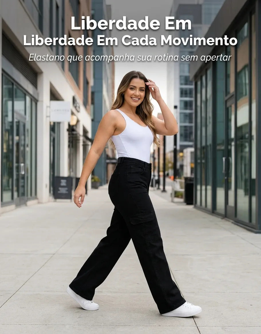 Calça Cargo Feminina Wide Leg Cintura Alta Jeans  Stillger
