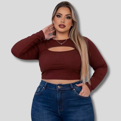 Cropped Feminino Plus Size Manga Longa Com Decote
