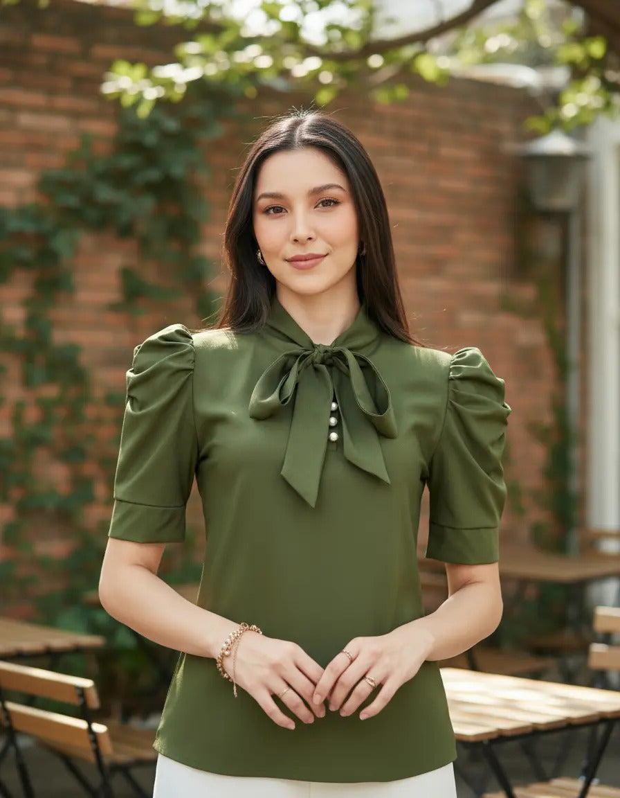 Blusa Camisa Social Romântica Laço E Botões De Pérola Manga