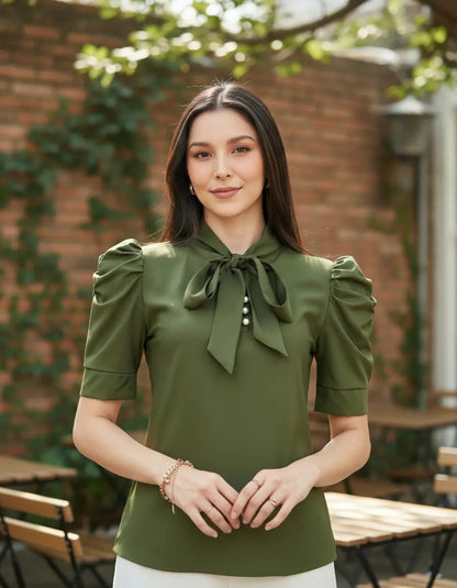 Blusa Camisa Social Romântica Laço E Botões De Pérola Manga