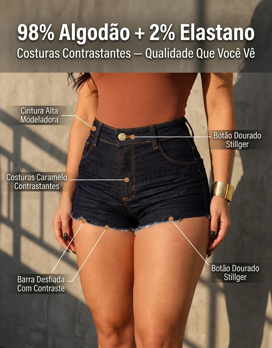 Short Jeans Feminino Cintura Alta Com Lycra Barra Desfiada