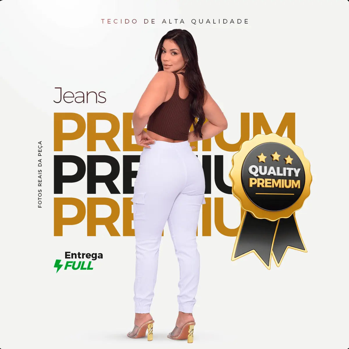 Calça Cargo Jogger Jeans Feminina Cintura Alta Com Lycra