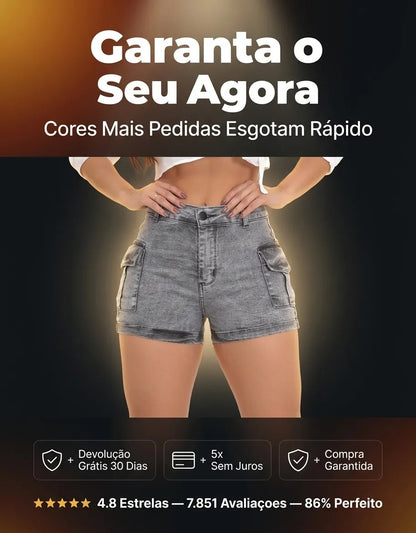 Short Jeans Feminino Shorts Cargo Com Lycra Cintura Alta