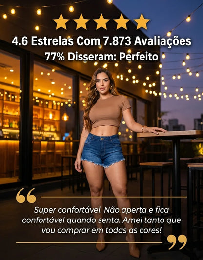 Short Jeans Feminino Cintura Alta Com Lycra Barra Desfiada