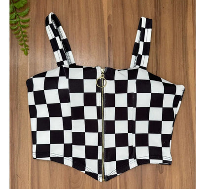 Cropped Zipper Corset Xadrez Balada Country Luxo Premium