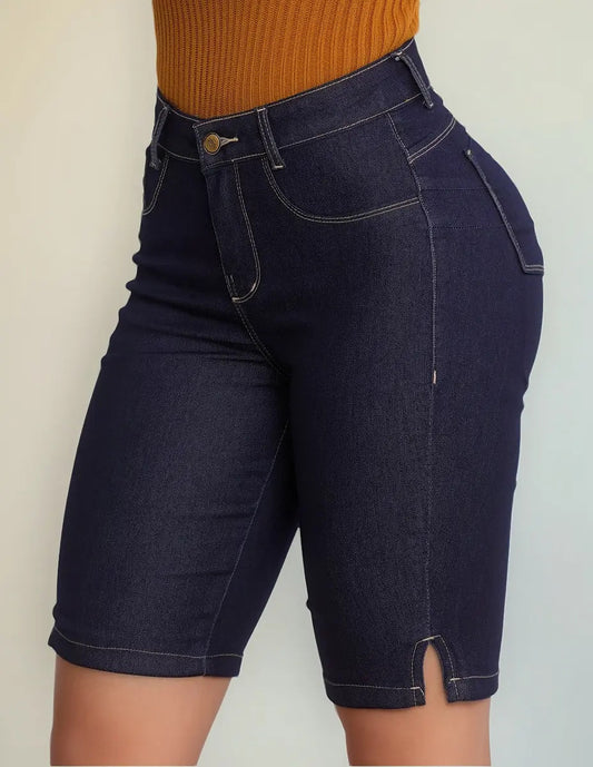 Bermuda Ciclista Jeans Feminina Com Lycra Cós Alto