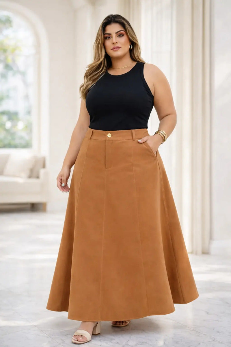 Saia Alfaiataria Plus Size Rodada Evasê Cós Alto Evangélica