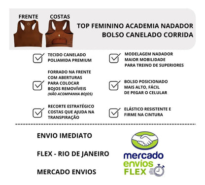 Top Feminino Academia Bolso Nadador Corrida Fitness Esporte