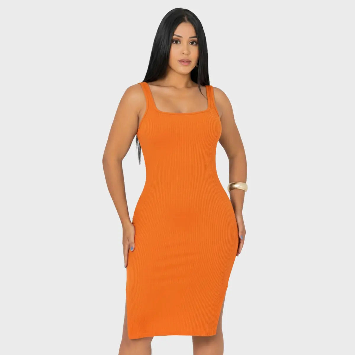 Vestido Midi Canelado Premium Com Alça E Fendas Casual Básico